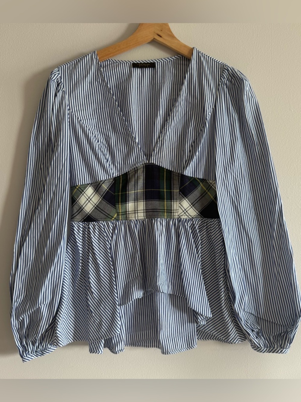 Petersyn Striped Plaid Inset V-Neck Peplum Top